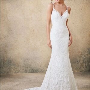 Mori Lee boho lace low back fit and flare Wedding Dress